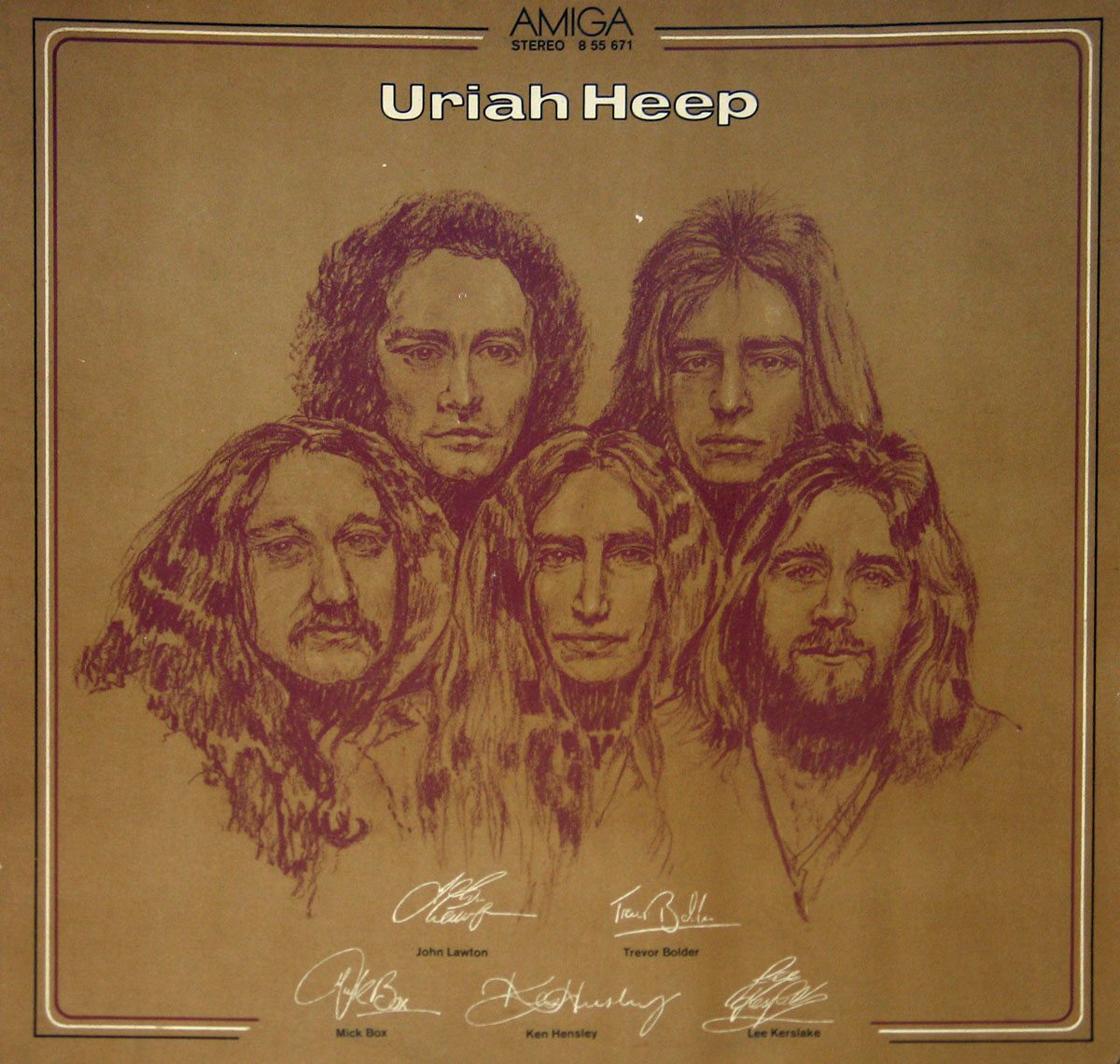Front cover of Uriah Heep’s Innocent Victim East-German Amiga DDR vinyl album, featuring hand-drawn portraits of John Lawton, Trevor Bolder, Mick Box, Ken Hensley, and Lee Kerslake with their signatures below, in a sepia tone